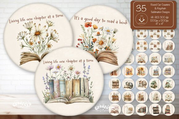 Book Round Coaster Sublimation Bundle: Graphics for Crafts & Content